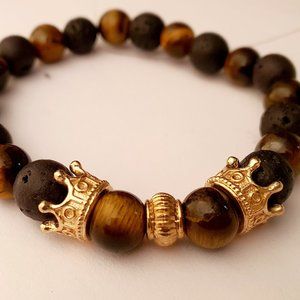 King & Queen tiger eye and volvanic rock beed unisex bracelet for him and her